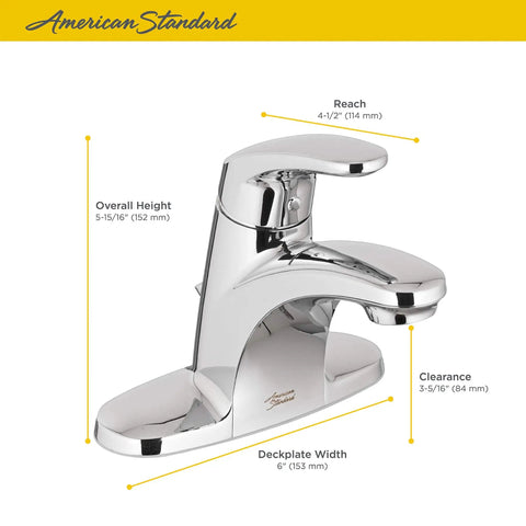 Colony Pro One-Handle Bathroom Faucet With Metal Drain, 1.2 GPM, Brushed Nickel Finish, front view with measurements