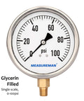 MeasureMan 4-inch glycerin-filled plumbing pressure gauge, 0-100 psi, stainless steel case, 1/4-inch NPT lower mount