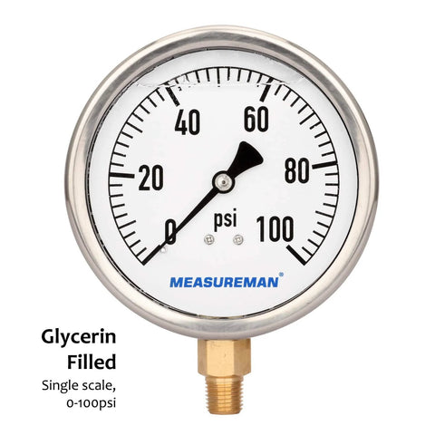 MeasureMan 4-inch glycerin-filled plumbing pressure gauge, 0-100 psi, stainless steel case, 1/4-inch NPT lower mount