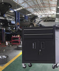 Real Deal Rolling Tool Chest With Two Secure Lockable Drawers And Heavy Gauge Cold Rolled Steel Build Designed Tough For Shop Grind And Weekend Warriors In Matte Black in automotive workshop.