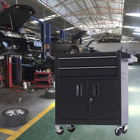 Real Deal Rolling Tool Chest With Two Secure Lockable Drawers And Heavy Gauge Cold Rolled Steel Build Designed Tough For Shop Grind And Weekend Warriors In Matte Black in automotive workshop.