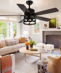 Living room with Retractable Caged Ceiling Fan With Lights For Indoor And Outdoor Use Dope Industrial Low Profile Ceiling Fan