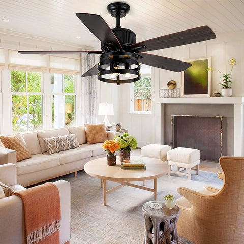 Living room with Retractable Caged Ceiling Fan With Lights For Indoor And Outdoor Use Dope Industrial Low Profile Ceiling Fan