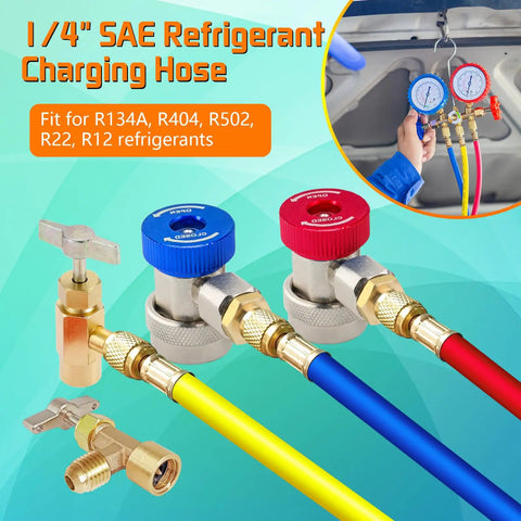 3 Piece AC Manifold Gauge Hose Set With Self Sealing Puncture Style R134A Can Taps, R134A Adjustable Quick Couplers, And Refrigerant Tank Adapters For A C Refrigerants, Charging And Diagnostics, 1/4 SAE hoses