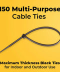 150 pack of 12 Inch Heavy Duty Zip Ties, black with 120Lb tensile strength, shown against a yellow background.