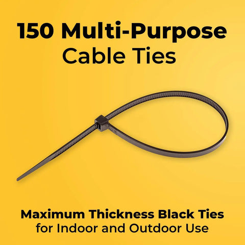 150 pack of 12 Inch Heavy Duty Zip Ties, black with 120Lb tensile strength, shown against a yellow background.