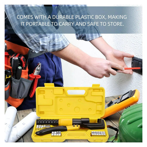 Heavy Duty Hydraulic Crimping Pliers Tool For Electric Terminals And Cable Lug Kit displayed in a durable yellow plastic case.