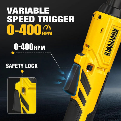 Heavy Hitting 20V Brushless Impact Wrench And Smooth 3/8 Inch Ratchet Combo Kit variable speed trigger with safety lock.