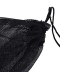 Close-up of a 5 Pack Nylon Mesh Drawstring Bag for Sports Gear and Outdoor Equipment with cord lock closure, black mesh detail.