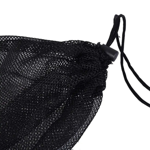 Close-up of a 5 Pack Nylon Mesh Drawstring Bag for Sports Gear and Outdoor Equipment with cord lock closure, black mesh detail.