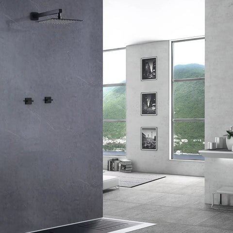 Matte Black Two Handles Shower Faucet Set With Square Rain Shower Head And Handheld Combo 2 In 1 Wall Mounted Shower System for modern decor