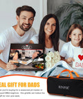 Family holding 42 Piece Flat Top Griddle Accessories Kit With Extra Wide Burger Spatula, shown with gift packaging for dads