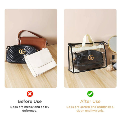 Before and after using 12 Pack Clear Handbag Storage Bags With Zipper And Handles See Through Purse Organizer For Closet