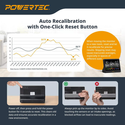 Image showing the Badass 7 Inch Rechargeable Air Quality Monitor For Woodshops And Garages Monitoring CO2 PM2.5 PM10 HCHO TVOC with recalibration instructions.