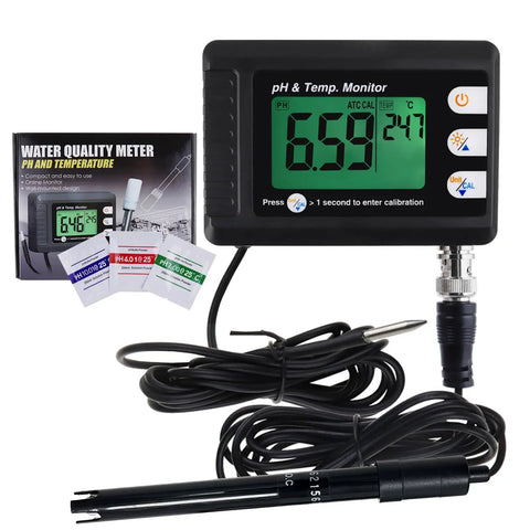 2 In 1 pH And Temperature Monitor Kit With BNC Probe Auto Buffer Recognition 0 To 14 pH Range For Hydroponics Aquariums Lab