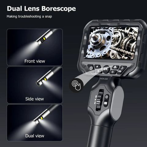 Dual Lens Articulating Borescope With Two Way Endoscope Camera and light display showing engine gears