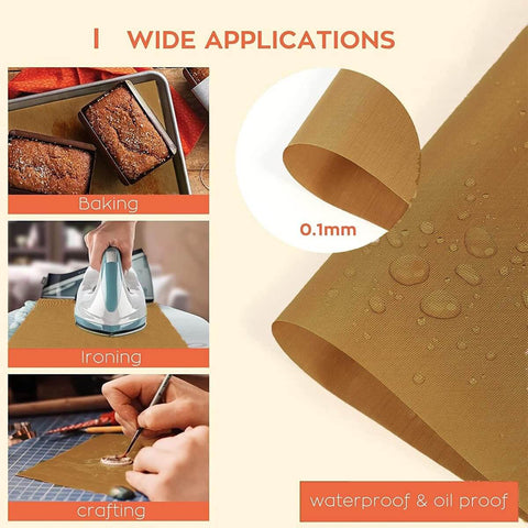 Image showing Nonstick Teflon Sheet For Heat Press Transfers Pro Grade PTFE Paper And Reusable Heat Resistant Craft Mat Waterproof And Easy To Clean Large 11.8 By 39.4 Inch Protective Sheet being used for baking, ironing, and crafting, highlighting its waterproof and oil-proof features.