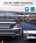 Rear view of dual front and rear dash cam for cars with 1080P HD recording and 3.0 inch LCD, highlighting rear camera footage.