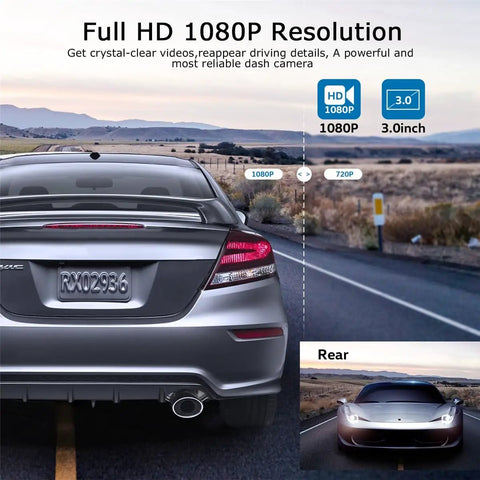 Rear view of dual front and rear dash cam for cars with 1080P HD recording and 3.0 inch LCD, highlighting rear camera footage.