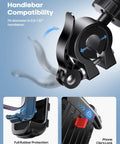 Heavy Duty Motorcycle Mount and Bike Phone Holder with One Hand Lock; shows secure clamp and rubber protection features.