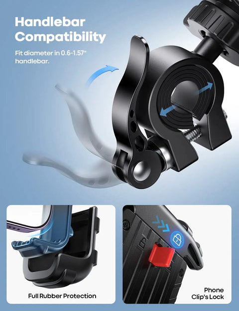 Heavy Duty Motorcycle Mount and Bike Phone Holder with One Hand Lock; shows secure clamp and rubber protection features.