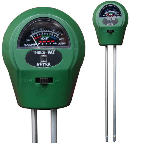 Three In One Soil Tester For Garden And Home With PH Meter Moisture Meter And Light Intensity Gauge No Battery Needed Indoor Outdoor Plant Test Kit For Home Gardens Lawn Houseplants And More Easy To Read Durable And Handy, showing close-up of the probe and dial.