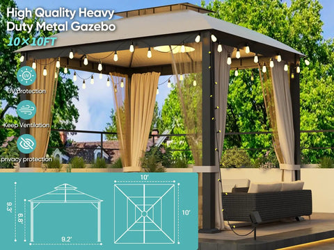 Built Tough 10x10 Patio Gazebo With Heavy Duty Steel Frame Soft Top Roof Double Roof Venting Anti UV Shelter Privacy Curtains And Netting for patio deck