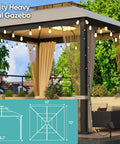Image of a 10x10 ft double layer soft top gazebo with beige canopy, mosquito netting, metal frame, and string lights in a backyard.