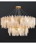 Slick Two Layer Led Chandelier Built With Solid Metal And Frosted Glass Panels illuminated with natural glow, ideal for dining room.