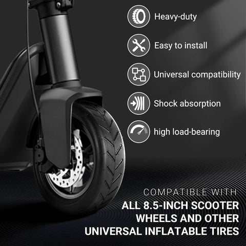 8.5 Inch By 2 Inch Scooter Tire And Inner Tube Set 50/75-6.1 installed on scooter, showing compatibility features