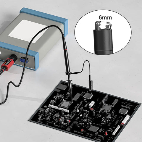 High Voltage Oscilloscope Probe P4100 Pro Grade Kit with probe attached to electronic circuit board for testing