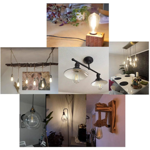 Various home fixtures illuminated by Vintage Edison Filament LED Bulbs For E26 Base 6W 60 Watt Equivalent Soft White 2700K