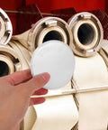 Slick White Ceiling Escutcheon Cover Plate Tight Concealed Sprinkler Guard Heavy Duty Iron Recessed Ring, hand holding cover.