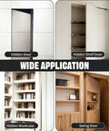 Hidden pivot door hinge kit for concealed doors; collage shows hidden door, shelf door, bookcase, and swing door.