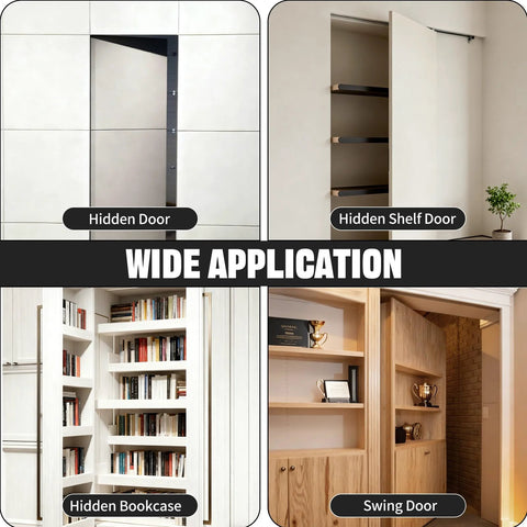 Hidden pivot door hinge kit for concealed doors; collage shows hidden door, shelf door, bookcase, and swing door.
