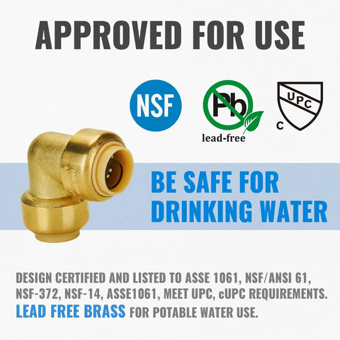 1/2 Inch Push To Connect 90 Degree Elbow Fittings Kit For PEX Pipe Copper CPVC Lead Free Brass With 1 Disconnect Clip, 6 Pack For Easy Plumbing Installations NSF approved image.