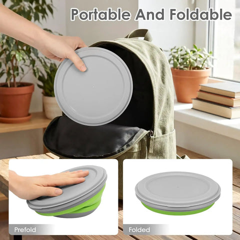 Collapsible Silicone Camping Bowl Set With Lids 6 Pack Food Grade Foldable Outdoor Tableware shown fitting into a backpack