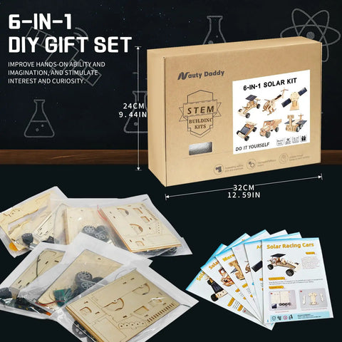 Box and contents of 6-In-1 Solar Powered STEM Building Kit For Kids: Wooden DIY Construction Set including instructions.