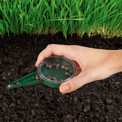 Hand using Two Pack Garden Seed Dispenser Sower Planter Dial With Five Settings For Precise Clump Free Sowing Handy Seeder Tools