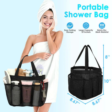 Odorless Mesh Shower Caddy With Dual Handles 8 Pocket Quick Dry Travel Organizer beside woman in towel