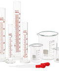 Glass Graduated Cylinder And Beaker Set For Lab Work, Borosilicate 3.3 Thick Glass, Acid And Alkali Resistant, Includes 10ml 25ml 50ml 100ml Cylinders, 50ml 100ml 250ml Beakers, Plus 2 Droppers displayed.