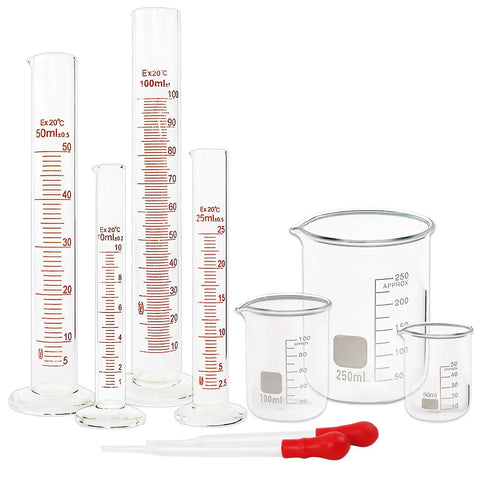 Glass Graduated Cylinder And Beaker Set For Lab Work, Borosilicate 3.3 Thick Glass, Acid And Alkali Resistant, Includes 10ml 25ml 50ml 100ml Cylinders, 50ml 100ml 250ml Beakers, Plus 2 Droppers displayed.