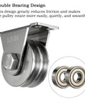 Double Groove Fixed Pulley Block With Bearing Inside Heavy Duty Stainless Steel Quiet Smooth Rotation For Cable Lifting System Beefy 2 Pack For Rigging And Hoisting shown with dual bearings and 304 stainless steel construction.