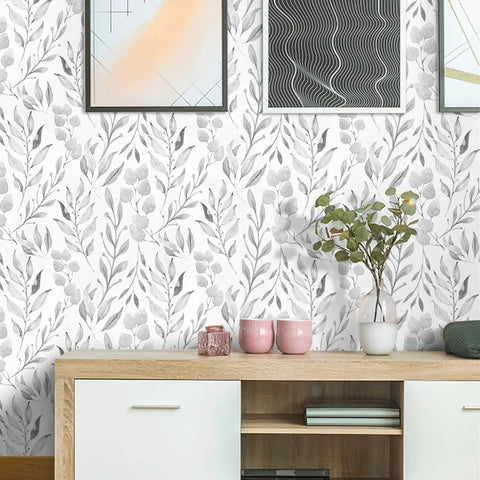 Gray Leaf Peel and Stick Wallpaper Dope Look Floral Self Adhesive Watercolor Leaves for Cabinets and Walls