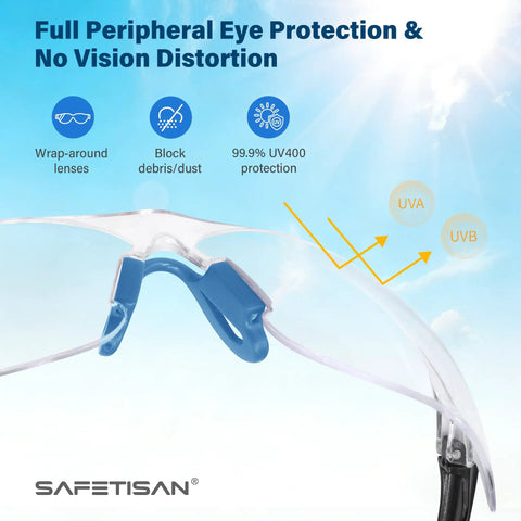 Top Shelf Six Pack Safety Glasses Delivering Unbeatable Uv Defense Ansi Z87 wrapped lenses with blue nose pad for clear protection.