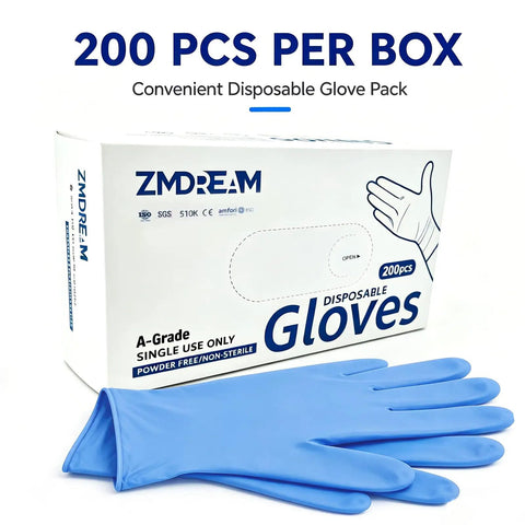 Badass Heavy Duty Nitrile Gloves Box Of Two Hundred Powder Free Latex Free Textured Grip Nine Point Five Inches Long Built Like A Tank For Kitchen Scrubbing Auto Detailing Home Repair And Everyday Household Products, displayed in blue with packaging.