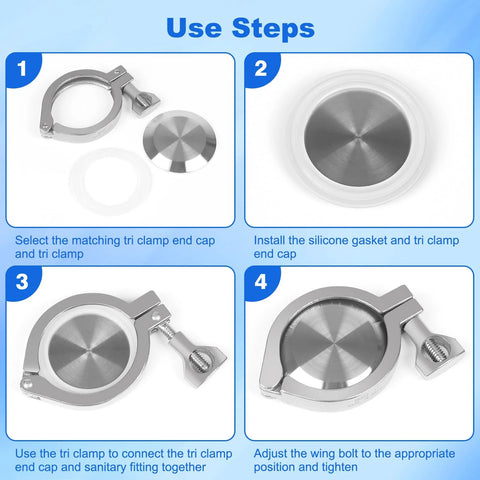 Tri-clamp end cap kit, 5 pcs, stainless steel 304 with silicone gasket, 2" dia (51 mm) OD, instruction diagram