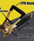 Beefy Heavy Duty Car Trailer Tie Down Straps 4 Pack Kit with ratchet strap featuring TPR handle and zinc plating for protection.