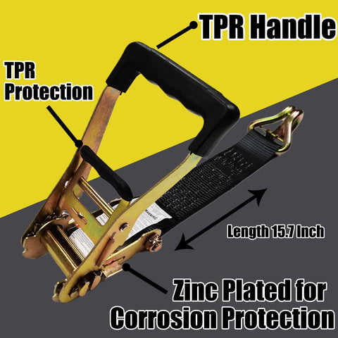 Beefy Heavy Duty Car Trailer Tie Down Straps 4 Pack Kit with ratchet strap featuring TPR handle and zinc plating for protection.