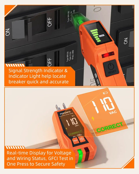 All In One Circuit Breaker Finder And Outlet Tester Kit with LED display and signal indicator in use for electrical diagnostics
